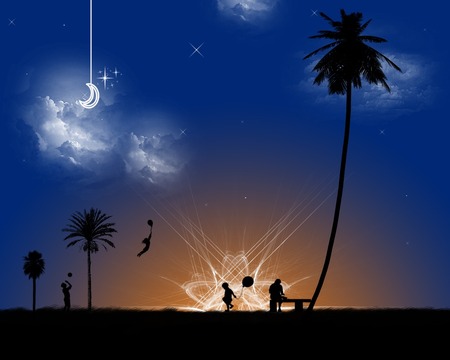 Noon Moon With Babies !!! - abstract, moon, star, 3d-art, balloon, noon, baby, dark blue, background, palm tree