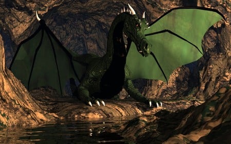 Green dragon in his cave - cave, 3d, fantasy, dragon