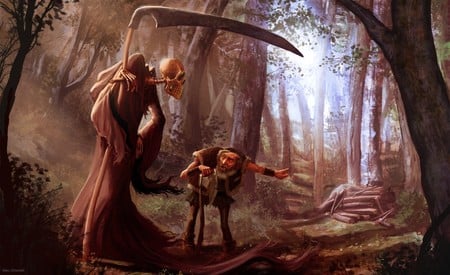 The Death and the Logger - death, fantasy, forest, path