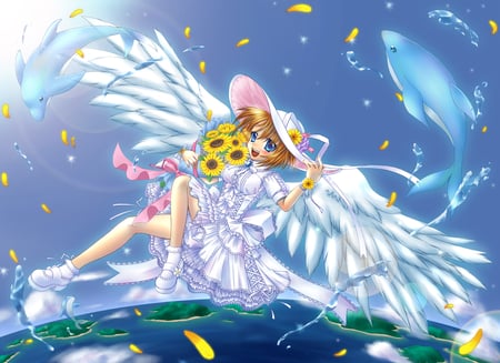 Water sky - sky, angel, girl, anime, wings, fish, world