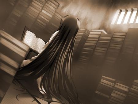 The Search For Knowledge - sadness, girls, anime, shadows, black and white, books