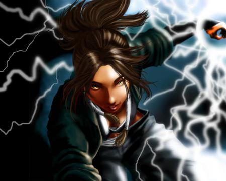 Goddess of Flash - yoruichi, dark hair, lightning, electricity, anime, anime girl, girl, shihouin yoruichi, bleach, yoruichi shihouin, long hair, jacket, female, yellow eyes