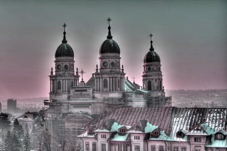 Cathedral of lasi - cathedral, crosses, evening sky, steeples, snow, beauty