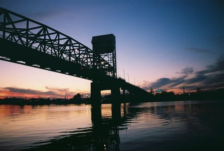 Bridge at Sunset - river, sunset, water, sky, bridge