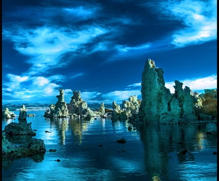 Mono Lake - lake, california, rock formations, blue, clouds