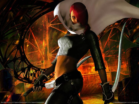 Lucia - swords, lucia, long hair, anime girl, red hair, games, anime, video games, cape, dmc, weapons, devil may cry