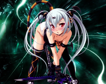 bladed devil - red eyes, devil, hot, anime, sword, white hair