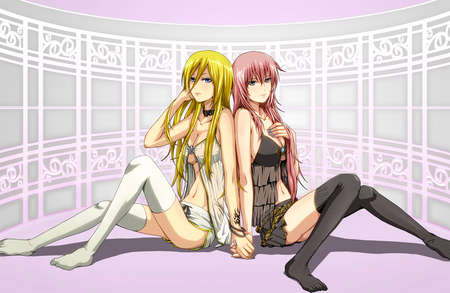 Lily & Luka - girls, luka, anime girls, thigh highs, lingerie, long hair, pink hair, duo, stockings, females, lily, blonde hair, vocaloid, megurine luka, anime, luka megurine