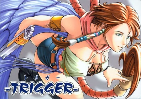 Yuna's Trigger Mode - gun, girl, female, yuna, final fantasy, ffx-2, final fantasy x, brown hair, games, anime, shorts, weapon, final fantasy x-2, video games, final fantasy 10, final fantasy series