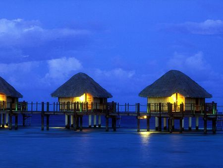 A South Pacific Evening - ocean, south pacific, evening, huts