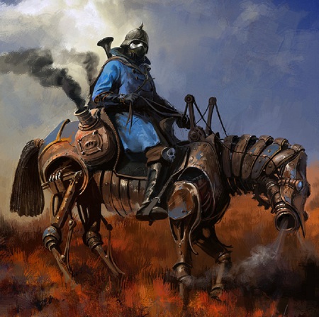 Steampunk Soldier - soldier, abstract, horse, cowboy, artwork, steampunk, mechanical, fantasy