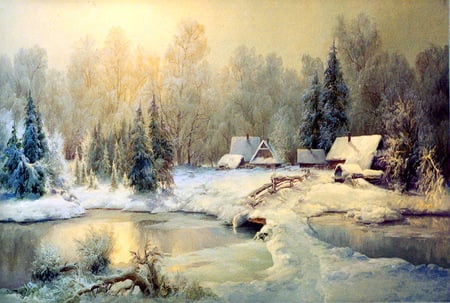 Slumber  - winter, icy mist, pond, trees, ice, country house, dawn, snow, cold