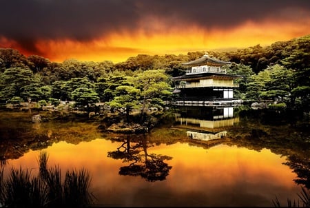 Tea House - sky, building, lake, trees, photography, asian, abstract, reflection, artwork, oriental