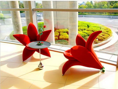 Hotel in China - flower shape, garden, red, window, table, chairs, china