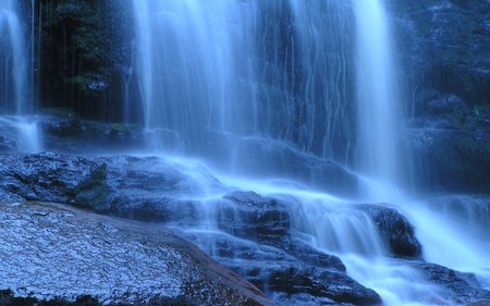 Blue Falls - nice, trees, water, waterfalls, rocks, nature, blue, beautiful, rock