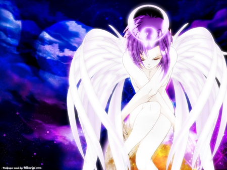 Losing hope in you - beauty, sky, angel, wings, anime girl, stunning, white, purple, halo, blue, beautiful, cute