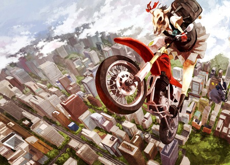 late for school - skull, sky, bike, anime, ribbon, buildings, horns