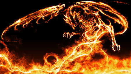 Pyro Dragon - flames, dragons, wings, fire, fantasy, black background, black, cool, orange, dragon