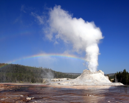 geyser - steam, geyser, rainbow, yellowstone