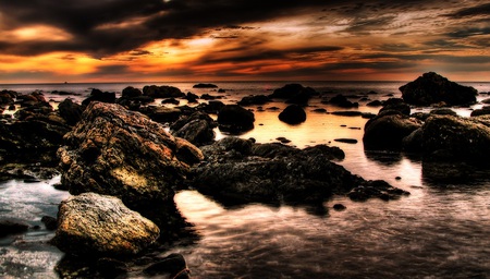 Broken Shore - sky, beach, water, shore, sunset, waves, rocks, nature, sea