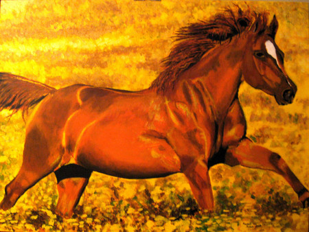 Fields Of Gold - horses, chestnut horse, golden field, animals