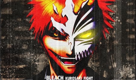 Kurosaki Ichigo - black and yellow eyes, yellow eyes, hollow mask, kurosaki ichigo, bleach, face, cool, orange hair, anime, ichigo kurosaki, ichigo, smile, hollow, head, spiky hair