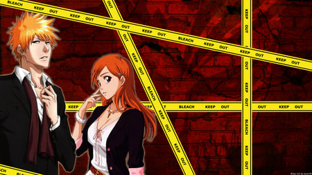 Ichigo & Orihime - kurosaki ichigo, bleach, red background, alternate clothing, duo, orihime, inoue orihime, ichigo, anime, ichigo kurosaki, orihime inoue