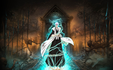 Ichimaru Gin - dark background, soul reapers, anime, underworld, ichimaru gin, gin ichimaru, cool, white hair, shinigami, dark, black, gin, haori, bleach, aura