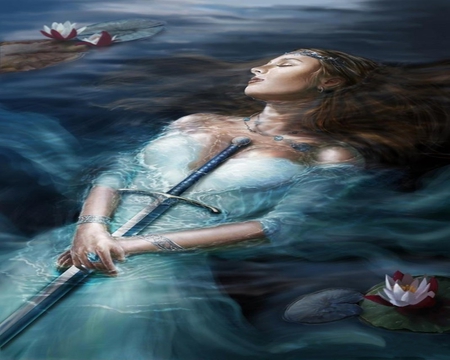 BLUE SWORD - woman, abstract, female, blue, water, sword, flowers