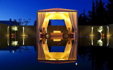 Reflection - pretty, blue, romantic, chairs, romance, night, reflection, view, gazebo, houses, sky, vase, house, trees, water, sofa, beautiful, beauty, resort, lovely, architecture, chair, pool, lights, modern, peaceful