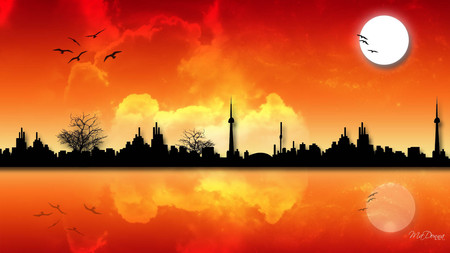 Sunsets City - clouds, moon, trees, birds, water, town, city, reflection, firefox persona, sunset, sky