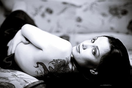 Tattoo Lady - woman, body marks, beautiful, black and white, tattoos