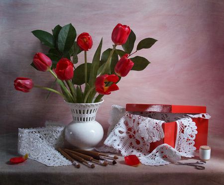 still life - nice, photography, tulips, bouquet, still life, white, cool, box, lace, gently, harmony, vase, beautiful, red, tulip, flowers, embroidery, photo, elegantly, flower