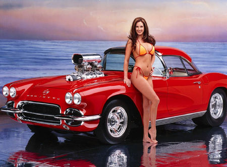 model and car - female, people, custom car, car, red, woman, bikini, model, sexy