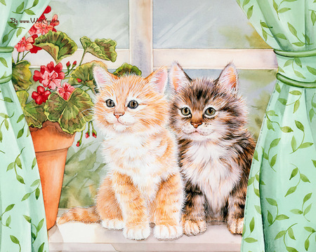 Cat drawing - red, flower, animal, loveable, cat, drawing, art, pisica, pictura, kitten, feline, painting, couple, green