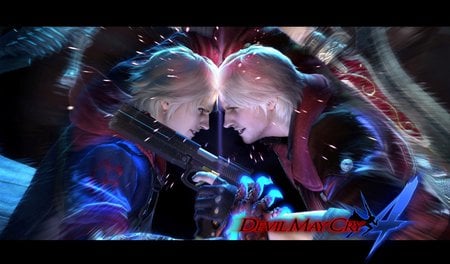 Nero VS Dante - red, black, clash, short hair, white hair, battle, gun, fight, blue, devil may cry, video games, dante, nero