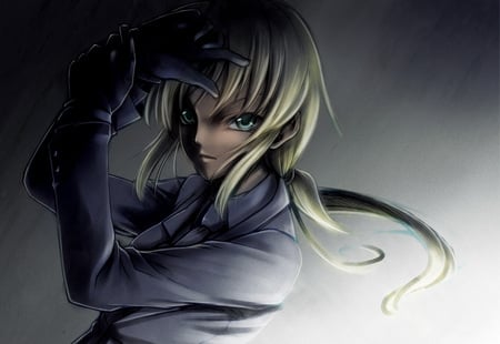 Saber - saber, fate zero, female, girl, long hair, gloves, fate stay night, green eyes, dark, blonde hair, suit, tie, anime