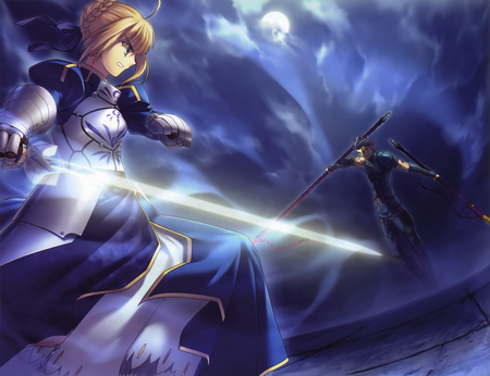 Saber VS Lancer - moon, saber, night, fate stay night, lancer, spear, lance, armour, clouds, blue, anime, sword