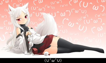 rupa - animal ears, inubashiri momiji, thighhighs, tail, white hair, red eyes, short hair, touhou, rupa, wolfgir