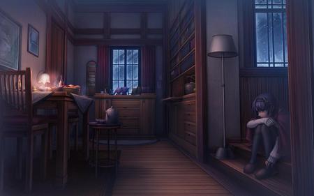 thinking in the dark - anime, wood, girl, snow, tea