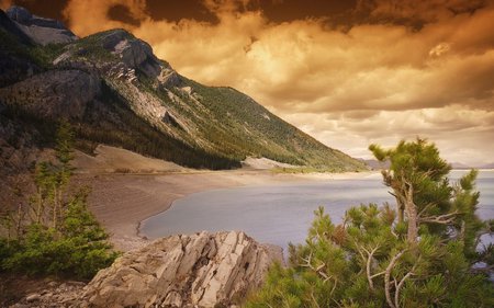 Rocky coastline - sunset, nature, coast, lake, mountain, sky