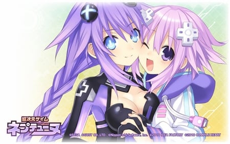 hyperdimension neptunia - tsunako, hyperdimension neptunia, twintails, long hair, purple hair, short hair