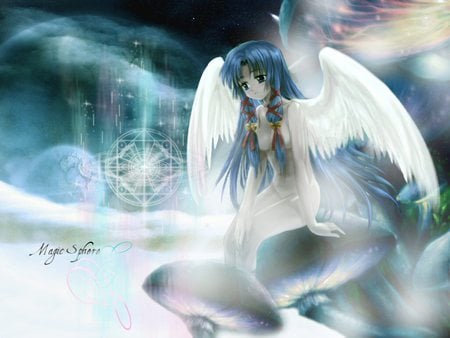 Magic Sphere - girl, hair, water, wings, wallpaper, blue, anime, colors, planet, lights