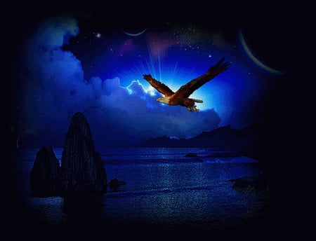 Freedom flight - eagle, clouds, blue night, water, moonlight, flight, rocks