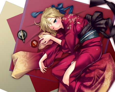 Saber Drunk - saber, anime, anime girl, female, drunk, girl, blonde hair, kimono, lone, fate stay night, blue eyes