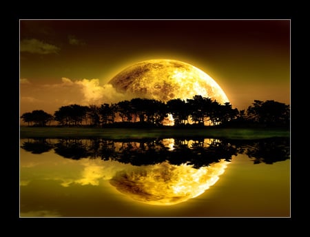 Moon_reflection - moon, lake, forest, mirror