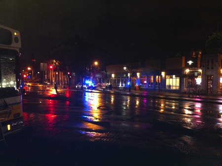 From a bus stop - bus, cars, other, rain