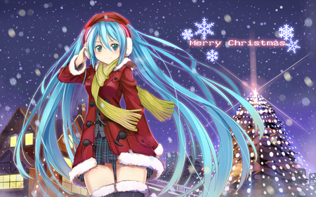 Hatsune Miku - aqua, hot, thighhighs, music, anime girl, purple, cool, shorts, aqua eyes, hatsune miku, sexy, skirt, song, snowflakes, scarf, buildings, skyscrapers, vocaloids, program, glow, vocaloid, snow, beautiful, diva, beauty, nice, hat, twintail, singer, aqua hair, virtual, pretty, idol, anime, miku, cute, girl, christmas, hatsune, star, red, blue, city, awesome, ear muffs, gray, lights