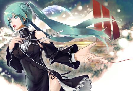 Hatsune Miku - virtual, miku, vocaloids, song, microphone, singer, red, cool, headphones, awesome, thighhighs, anime, twintail, singing, aqua hair, kimono, hatsune, black, cute, beautiful, hot, girl, anime girl, white, program, aqua eyes, pretty, aqua, beauty, dress, diva, nice, sexy, idol, headset, music, green, hatsune miku