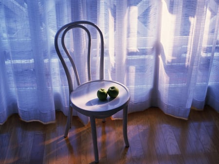 Two apples on the chair - romantic, lights and shadows, shadows, photography, interior, atmospheric interiors